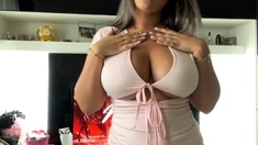 Brunette babe with fake big boobs fucks in the car