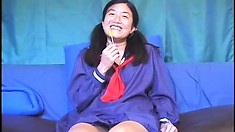 Cute Oriental schoolgirl reveals her sexy body and gets fucked hard by an older guy