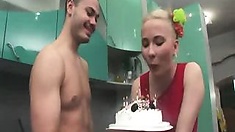 Adorable blonde coed with a voluptuous young body experiences first sex on her eighteenth birthday