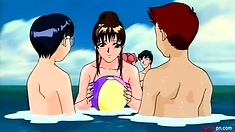 Nasty hentai teen girl blowing three cocks underwater
